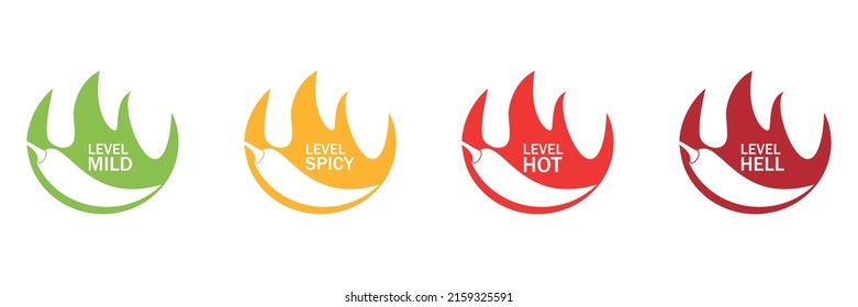 Spicy chili pepper strength level labels. Chili peppers indicator spicy, mild, hot and hell. Vector stock illustration.