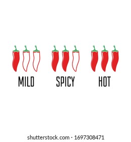 Spicy chili peppers level labels. Hot red pepper strength scale indicator with mild, spicy and hot. Vector illustration in flat style. EPS 10.