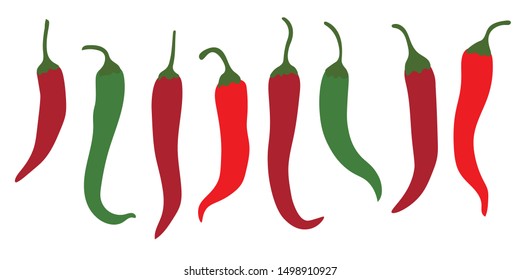 Spicy chili peppers, red, green flat icons, vegetables for hot dishes isolated on white background. Vector illustration. 