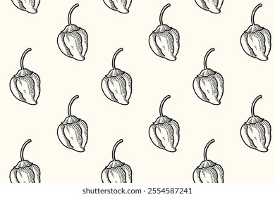 spicy chili seamless pattern on white background.vintage chili vector pattern background.hot chili doodle hand drawn isolated seamless pattern.seamless pattern of spicy chili background