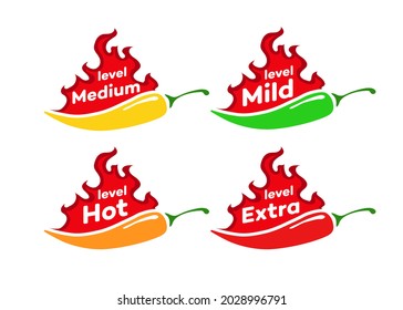 Spicy chilli level vector label set - mild, medium, hot, extra isolated on background. Pepper sauce with fire flame. Illustration 10 eps