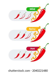 Spicy chilli level vector label set - mild, spicy, hot isolated on background for food menu, hot sauce, culinary show. Pepper sauce with fire flame. Illustration 10 eps