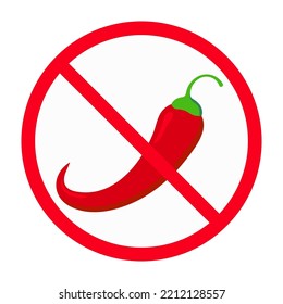 Spicy chilli pepper in avoid red crossed circle vector icon isolated on white background. No spicy  food clip art image. Flat design cartoon style  illustration. 