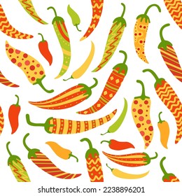Spicy chilli pepper, cooking chili pattern. Different geometric prints, cayenne food packaging decor, soft and cute colors, kitchen plants. Wrapping paper. Vector seamless nowaday background
