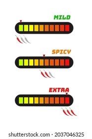 Spicy chilli pepper level scale vector label set - mild, medium, hot, extra isolated on background. Pepper sauce with fire flame. Illustration 10 eps