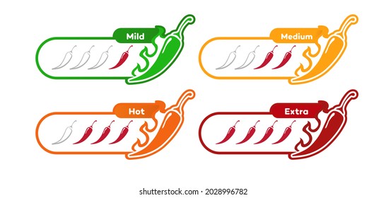 Spicy chilli pepper level vector label set - mild, medium, hot, extra isolated on background. Pepper sauce with fire flame. Illustration 10 eps