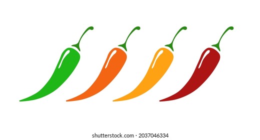 Spicy chilli pepper set different level - mild, spicy, hot, extra hot isolated on background. Pepper sauce with fire flame. Illustration 10 eps