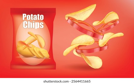 Spicy chilli potato chips advertisement, chips with chillies flavor in 3d illustration.