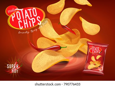 Spicy chilli potato chips advertisement, chips with chillies flavor in 3d illustration.