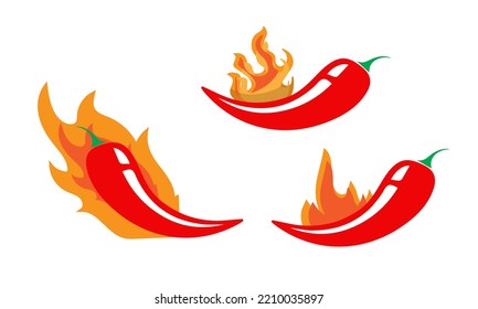 Spicy chilli vegetable, Extra spicy pepper. Icons with pepper on fire. Vector illustration isolated on white background.