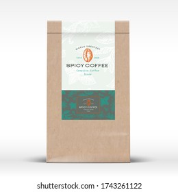 Spicy Coffee Craft Paper Bag Product Label. Abstract Vector Packaging Design Layout with Realistic Shadows. Modern Typography and Hand Drawn Beans and Spices Pattern. Isolated.