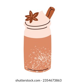 scharfe Kaffeekarte, Vektordoodle-Illustration von Glas mit kaltem Braun, Latte mit Zimt und Sternanis, Herbstgetränk-Rezept, Sahne-Schaum, einzelne farbige Clipart-Kunst auf weißem Hintergrund