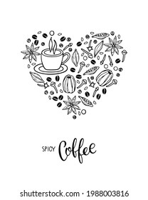 Spicy El fondo del café en forma de corazón con taza de café y especias. Dibujar a mano los elementos de la receta de café y la taza. Esbozo de garrapatas con especias vectoriales con letras, Esbozo de recetas para bebidas calientes. 