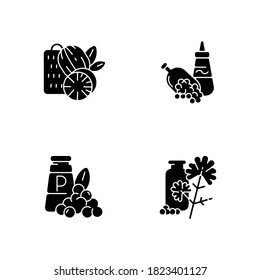 Spicy condiments black glyph icons set on white space. Food seasoning. Natural supplement. Cooking condiment. Mustard and black pepper. Cilantro. Silhouette symbols. Vector isolated illustration