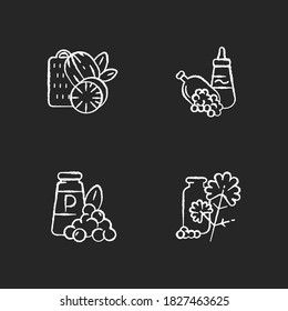 Spicy condiments chalk white icons set on black background. Food seasoning. Natural supplement. Cooking condiment. Mustard and black pepper. Cilantro. Isolated vector chalkboard illustrations