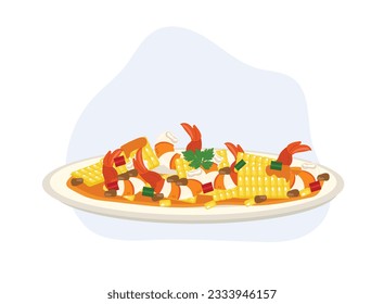 spicy cooked shrimp salad with corn. Thai food, Seafood.
Flat vector cartoon illustraation 