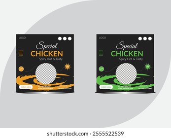 Spicy and delicious chicken fast food menu social media post design template. Fried chicken social media post or print template.