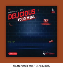 Spicy and delicious food menu social media post design template for restaurant or fast food business  