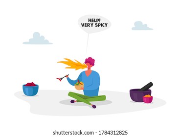 Spicy Dish Cooking. Male Character with Fire in Mouth Sit on Floor Eating Hot Spicy Food Holding Fork in Hand. Chilli or Jalapeno Pepper Meal. Mexican or Asian Cuisine. Cartoon Vector Illustration