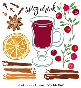 Spicy drink. Vector illustration with isolated elements of ingredients.