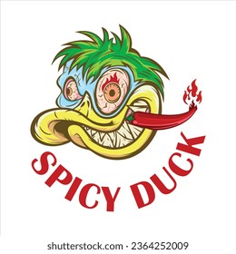 Logo de Spicy and duck. El logo del restaurante de carne de pato es muy claro y único con pimientos rojos muy calientes.  Patos de dibujos animados y también aptos para platos chinos de pato Pekín.