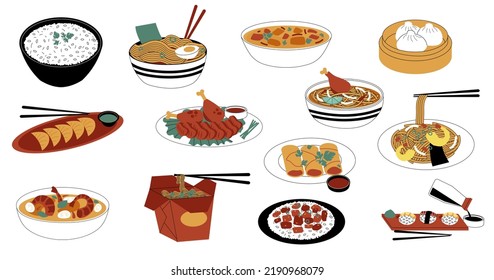 Spicy eastern food. Doodle asian Chinese Japanese and Korean traditional meal with rice seafood spices and sauces, sushi and soup with noodles in bowls. Vector set of asian spicy food illustration