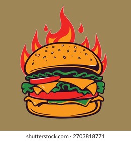 Spicy Flame Burger Icon for Fast Food Logo Design