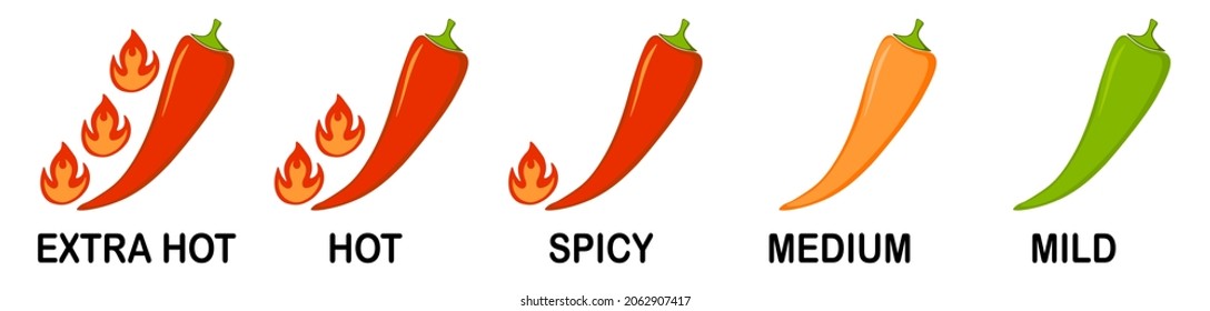 Spicy food in five levels - mild, medium, spicy, hot and extra hot. Chili pepper icon