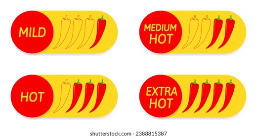 Spicy food in four levels - mild, medium, hot and extra hot. Chili pepper icon. Yellow and red labels