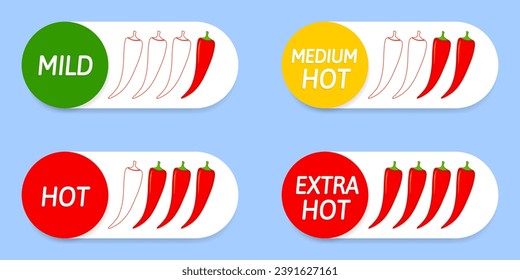 Spicy food in four levels - mild, medium, hot and extra hot. Chili pepper icon