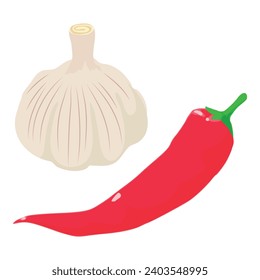 Spicy food icon isometric vector. Head of fresh garlic near red hot pepper icon. Food concept, healthy nutrition