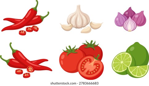 Spicy food ingredient vector set featuring red chili peppers, garlic, onion, tomato and lime isolated on white background.