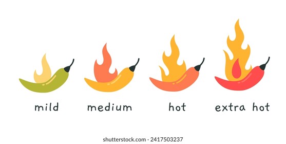 Iconos picantes de nivel de comida, suave, medio y extra caliente, estilo de dibujos animados. Chili, jalapeno, pimientos cayenne con llamas de fuego. Ilustración vectorial moderna a la moda aislada en fondo blanco, diseño plano