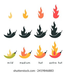 Spicy food level icons set, cartoon style.  Black and white, color symbols for the menu. Chili, jalapeno, cayenne peppers with fire flames. Trendy modern vector isolated illustration, flat design