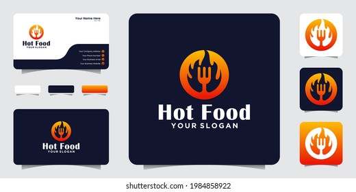 spicy food logo with negative space fork and hot fire design and business card