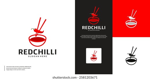 spicy food logo with red chili and bowl concept, restaurant menu, culinary, graphic design template.