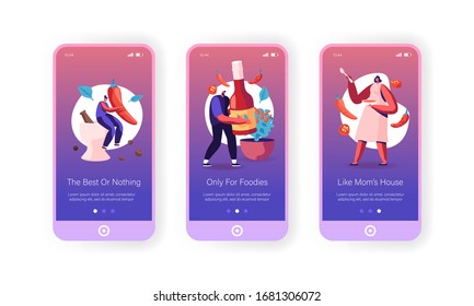 Spicy Food, Mexican Cuisine Seasoning Mobile App Page Onboard Screen Template. Tiny People Characters Grinding Chilli Pepper in Mortar for Cooking Hot Dishes Concept. Cartoon Vector Illustration