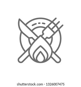 Spicy food, plate and cutlery with fire line icon.