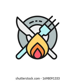 Spicy food, plate and cutlery with fire flat color line icon.