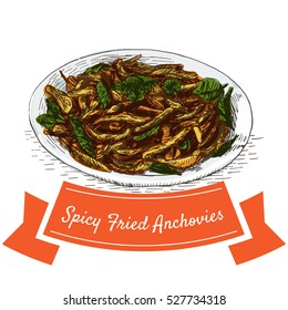 Spicy Fried Anchovies colorful illustration. Vector illustration of Indian cuisine.