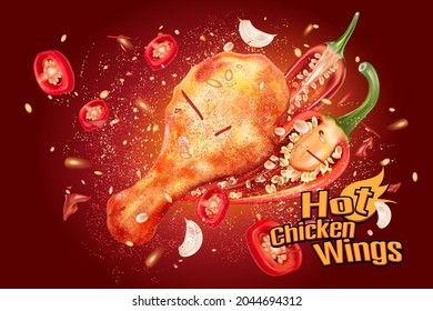 Spicy fried chicken flying with red chili splashing on solid color background, Vector realistic in 3D illustration.