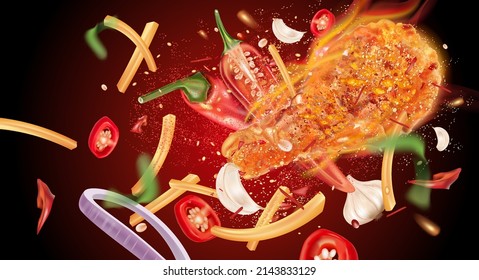 Spicy fried chicken flying with red chili splashing, french fries, paprika powder on solid color background, Vector realistic in 3D illustration. Food and drink concepts.