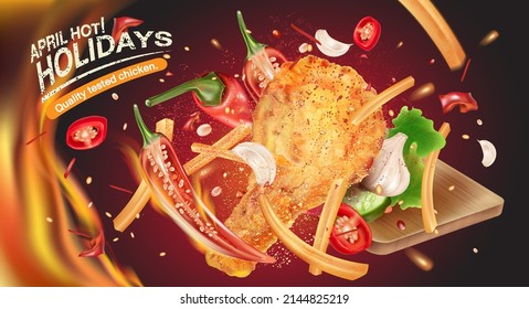 Spicy fried chicken flying with red chili splashing on solid color background, Vector realistic in 3D illustration. Food and drink concepts.