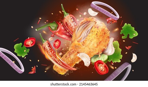 Spicy fried chicken flying with red chili splashing on solid color background, Vector realistic in 3D illustration.