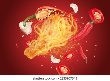 Spicy fried chicken flying with red chili splashing on solid color background, Vector realistic in 3D illustration.