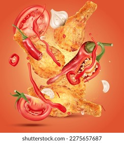 Spicy fried chicken flying with red chili, tomatoes, garlic splashing on solid color background, Vector realistic in 3D illustration.