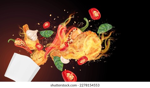 Spicy fried chicken flying with red chili powder, garlic splashing on solid color background, Vector realistic in 3D illustration. Food and drink concepts.