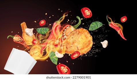 Spicy fried chicken flying with red chili powder, garlic splashing on solid color background, Vector realistic in 3D illustration. Food and drink concepts.