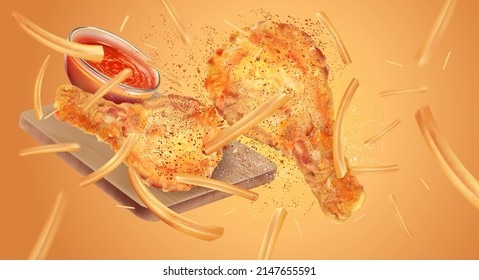 Spicy fried chicken and French fries flying with chili sauce on solid color background, Vector realistic in 3D illustration. Food and Drink concepts.