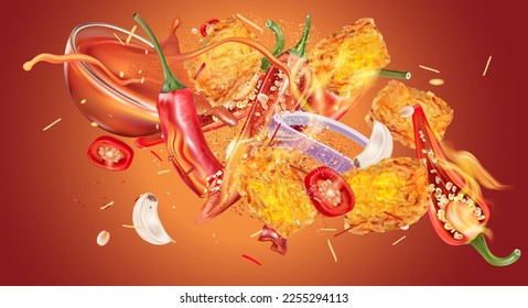 Spicy fried chicken nuggets with red chili and vegetable ingredients splashing on solid color background, Vector realistic in 3D illustration. Food concepts.